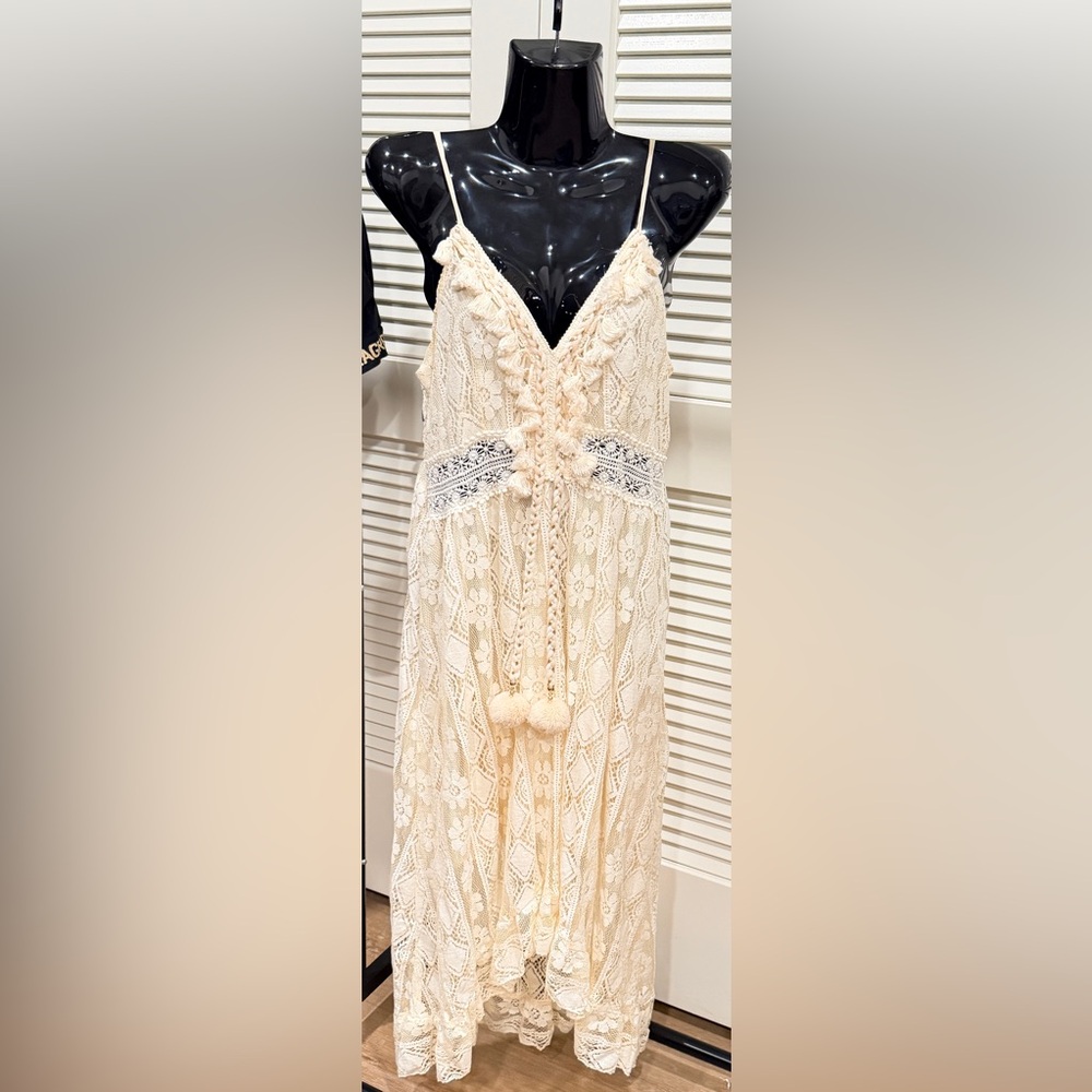 Cream Lace Boho Dress with Pom Pom Details